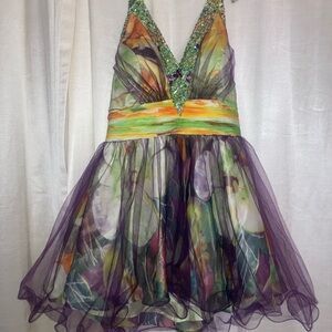 Haltered Mini Dress Prom Formal Event 4 Tier Layers Mint Green Purple Size 14
